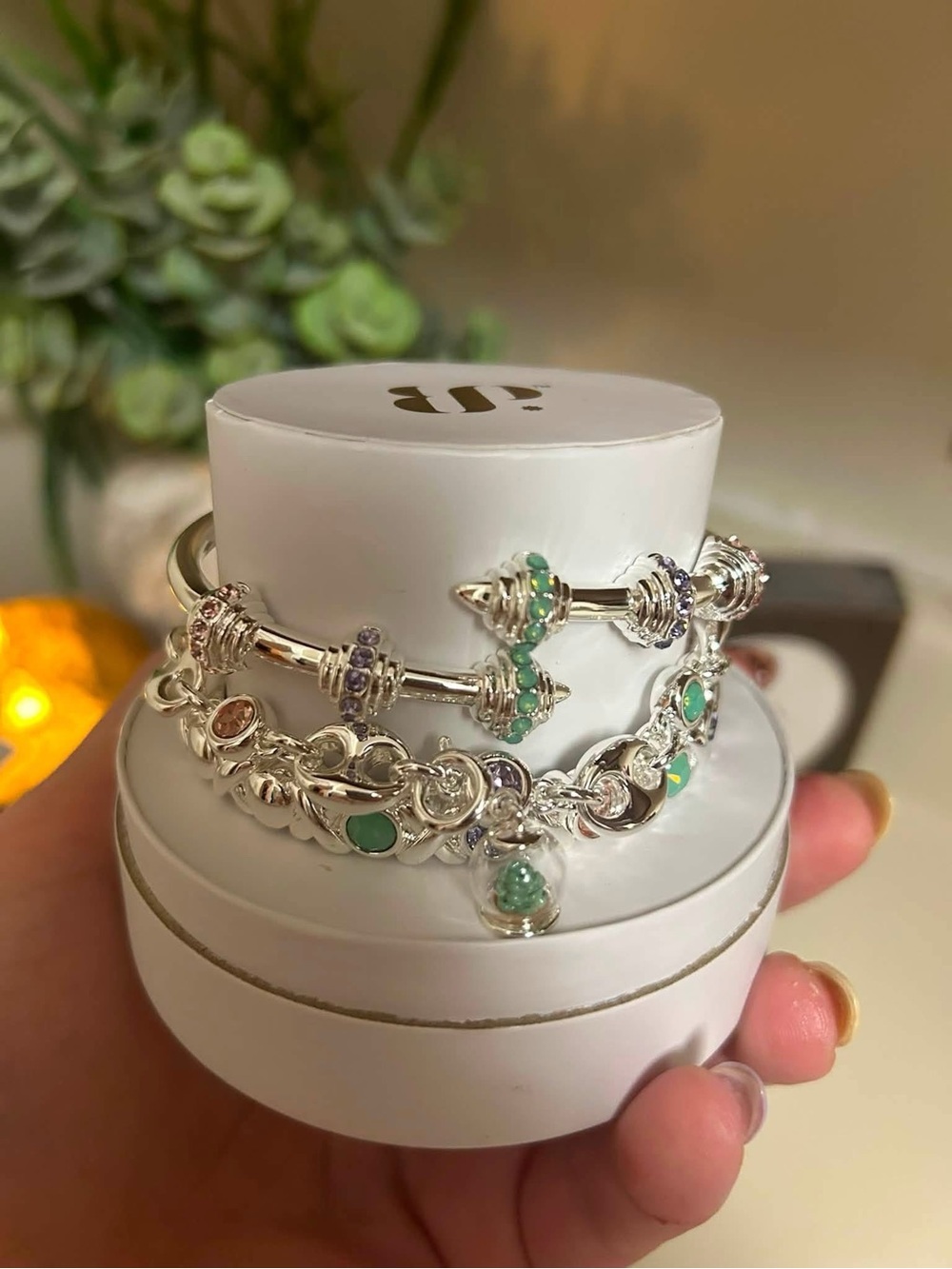 bp Silver Bracelet Stack with Green and Clear Accents